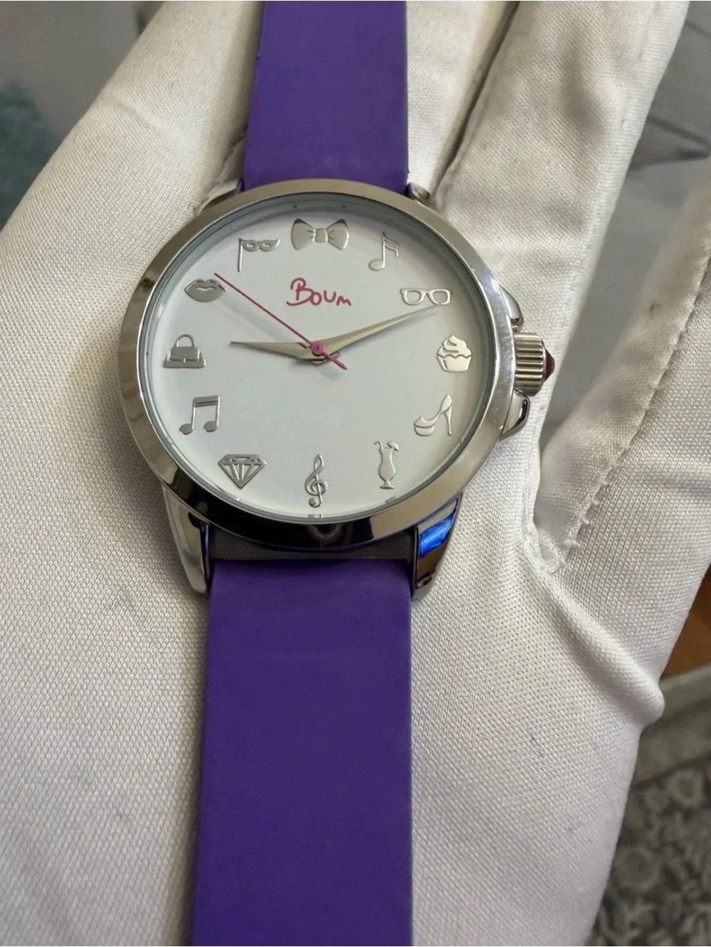 BOUM Women's Quartz Watch White Dial Purple Silicone Strap Silver Charms 38mm